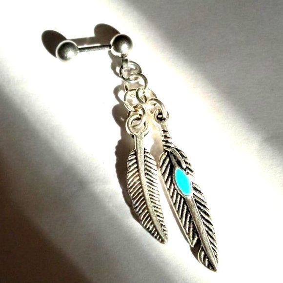18 Gauge Helix Barbell With Feathers Dangle - Picture 2 of 3